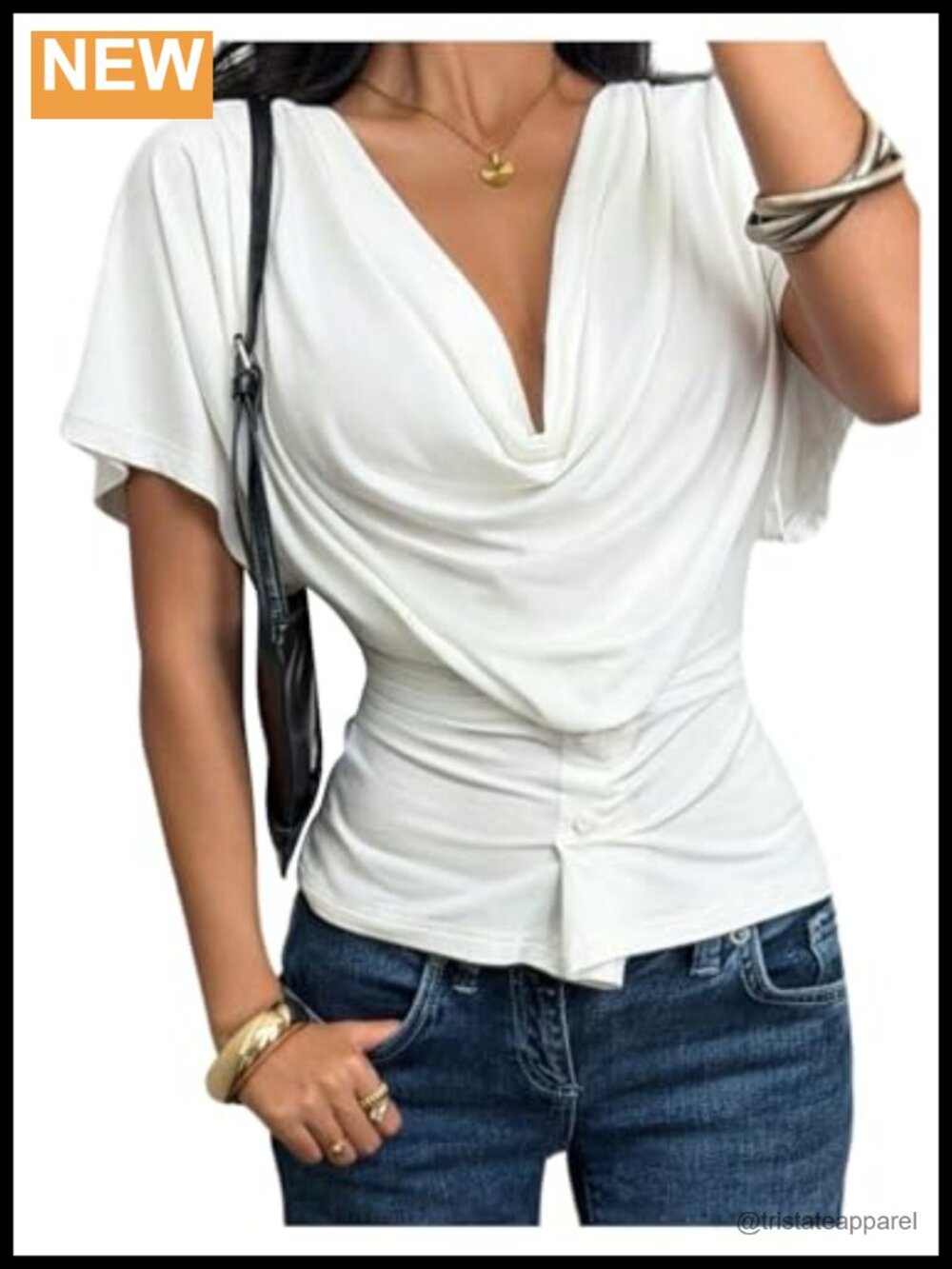 Cowl Neck Ruched Short Sleeve Button Front T-Shirt for Women